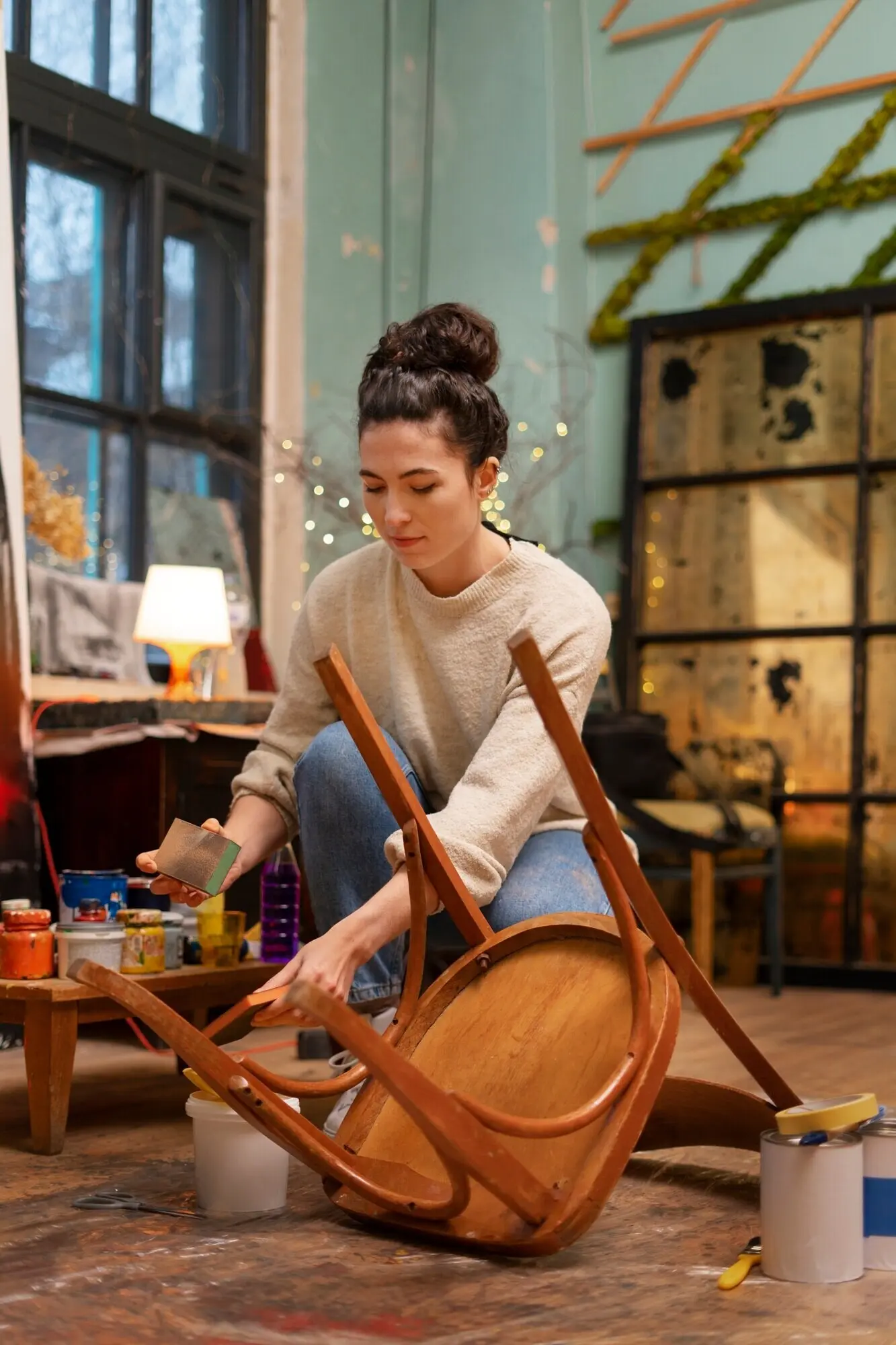 Ganzkörperaufnahme einer Frau, die einen Holzstuhl restauriert